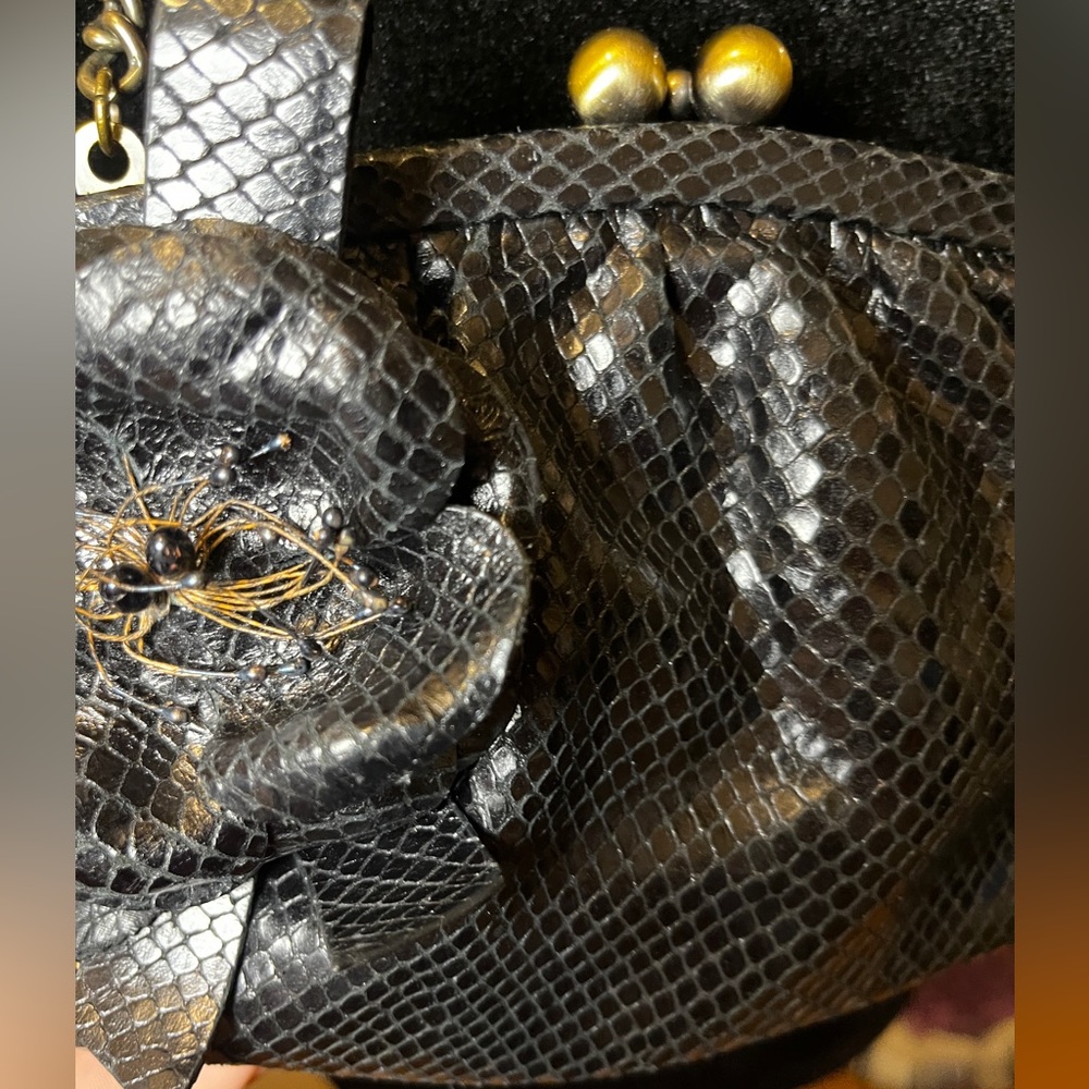 Isabella Fiore Black Snake-Embossed Chain Shoulder Bag with Flower Accent - Picture 7 of 7
